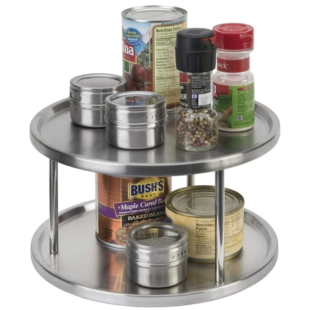 Lazy Susan 2 Tier Stainless Steel 360 Degree Turntable Carousel Rotating Stand